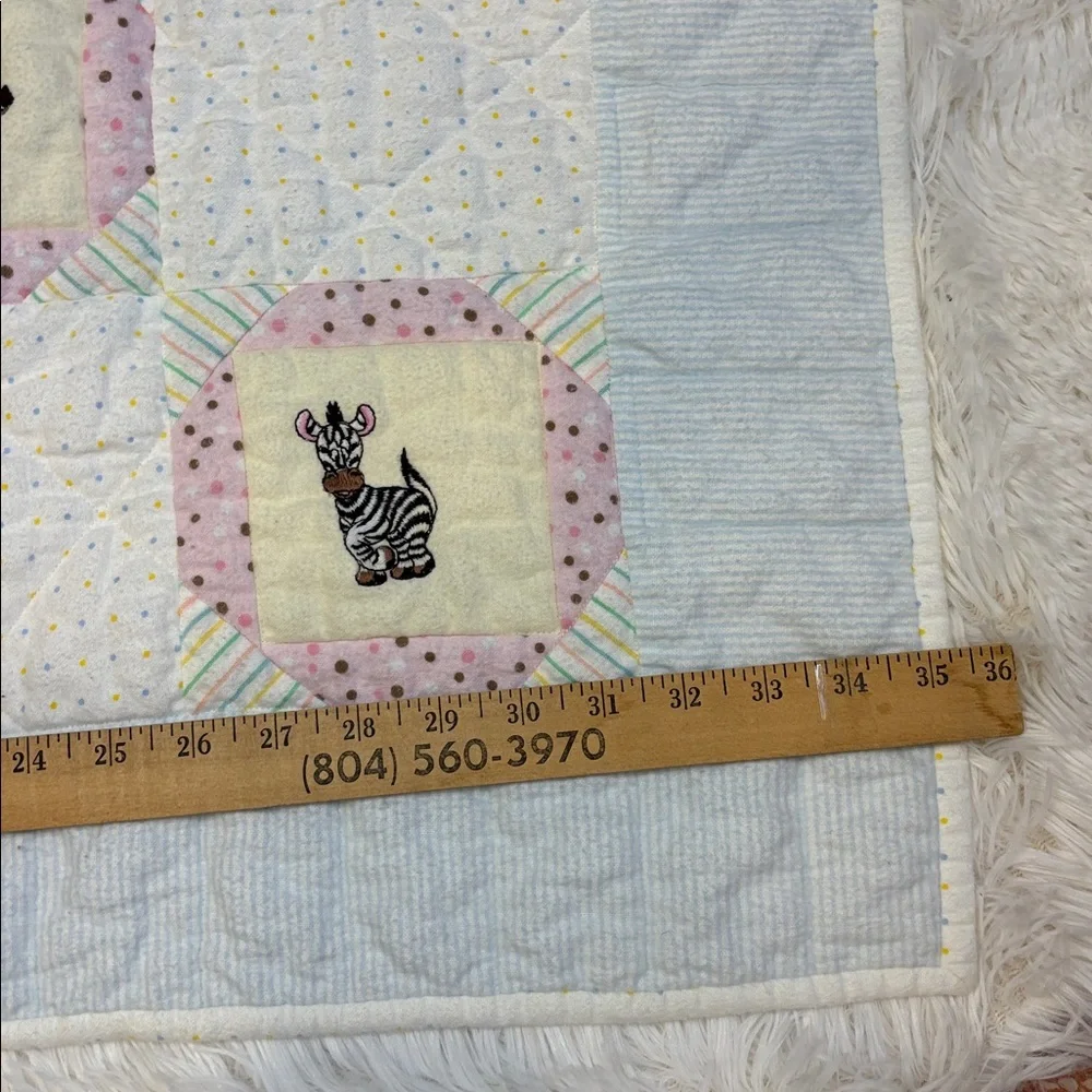 Handmade Patchwork Baby Quilt Embroidered Animal Cotton Flannel 35” x 35”